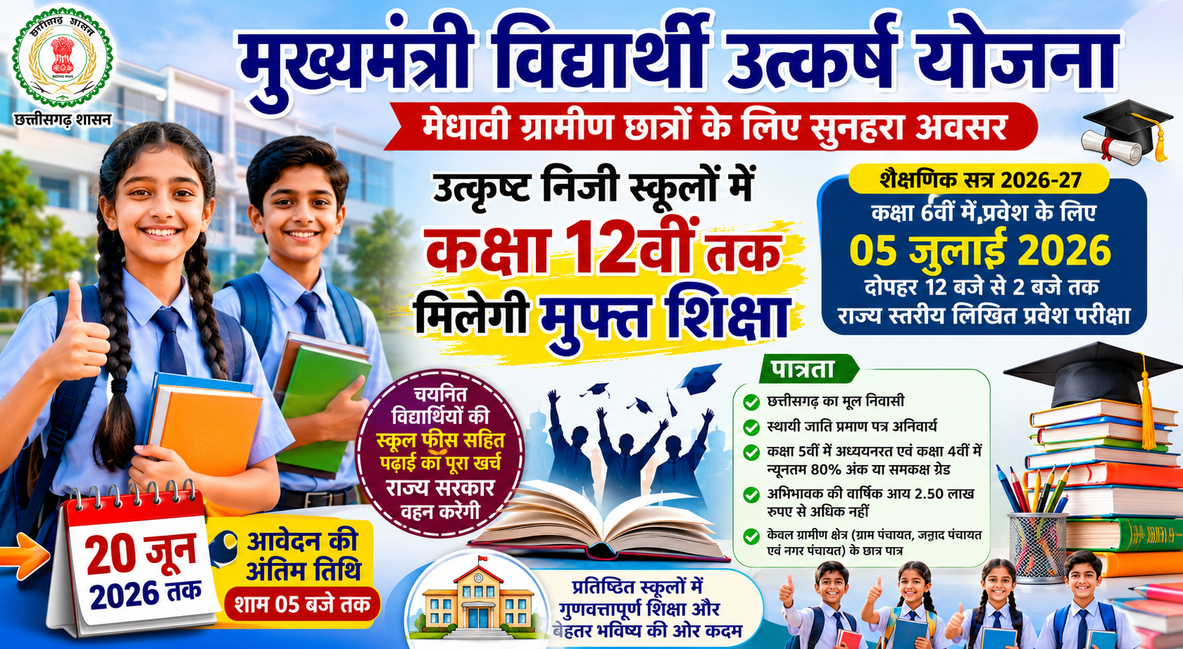 उत्कर्ष योजना का सुनहरा अवसर: निजी स्कूलों में 12वीं तक मिलेगी मुफ्त पढ़ाई, 20 जून तक करें आवेदन