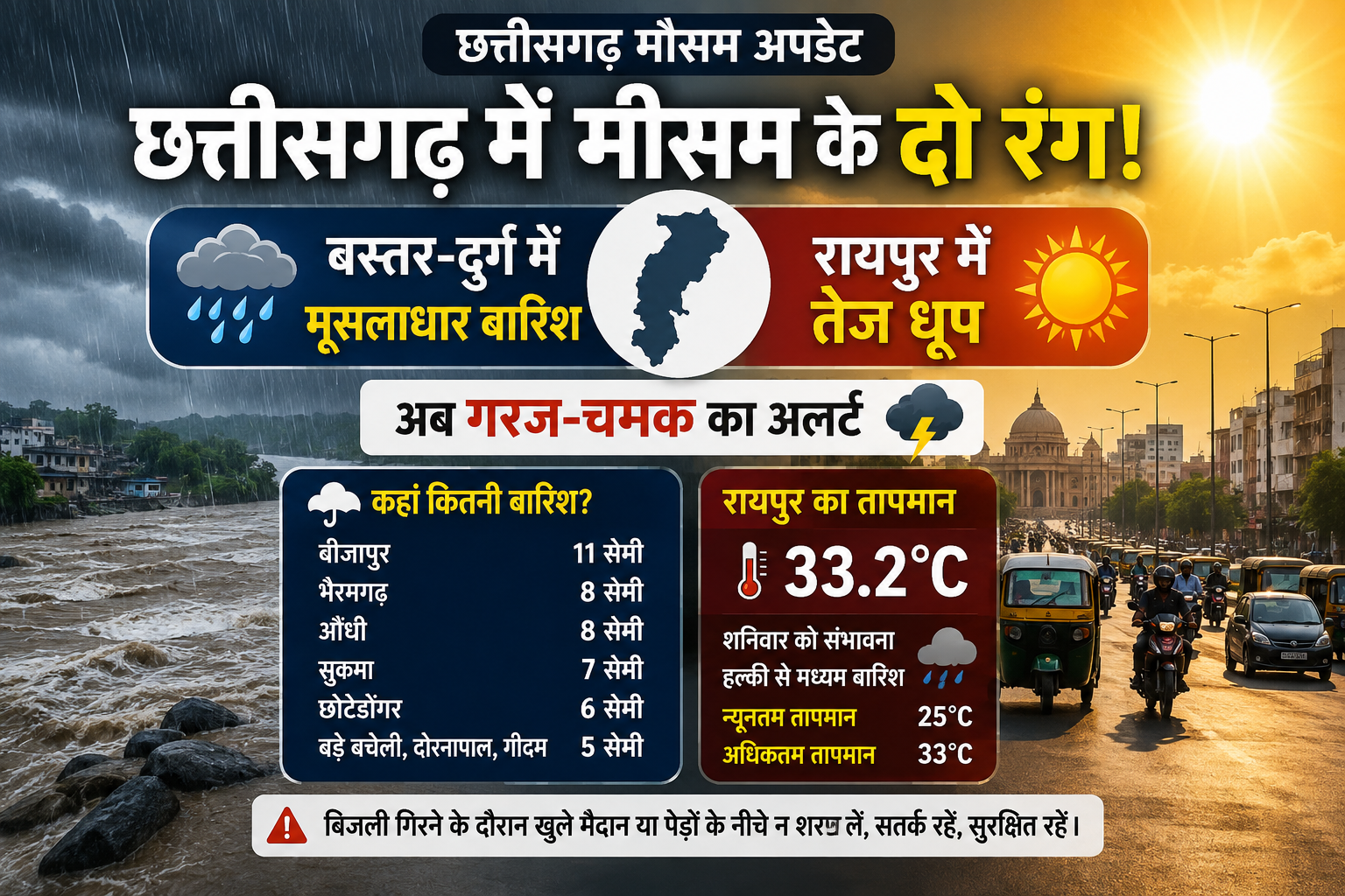 छत्तीसगढ़ में मौसम के दो रंग! बस्तर-दुर्ग में मूसलाधार बारिश, रायपुर में तेज धूप के बाद अब गरज-चमक का अलर्ट